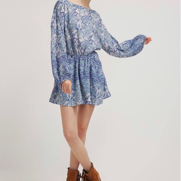 Free People Washed Blue Silver Sun Floral Blouson Open Back Mini Dress Size XS - Picture 8 of 16
